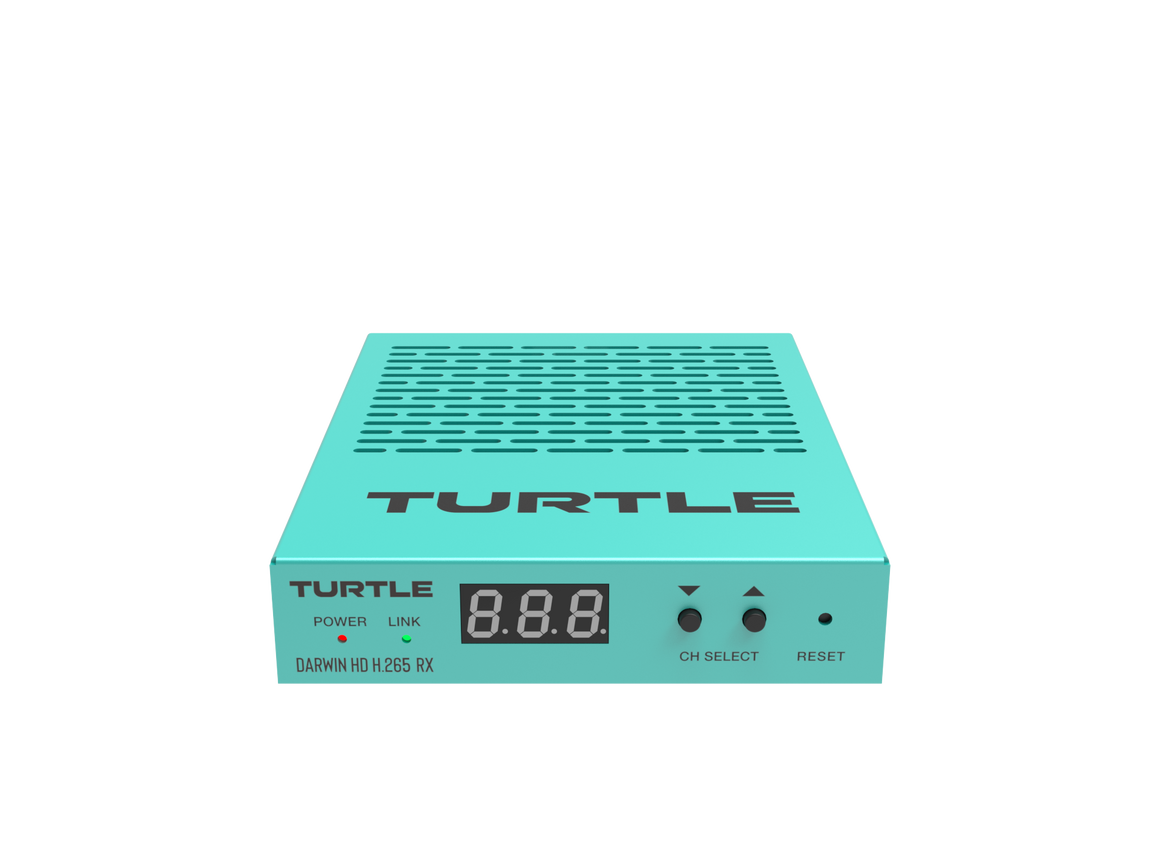 Teal elektronisch apparaat met 'Turtle'-logo op witte achtergrond
