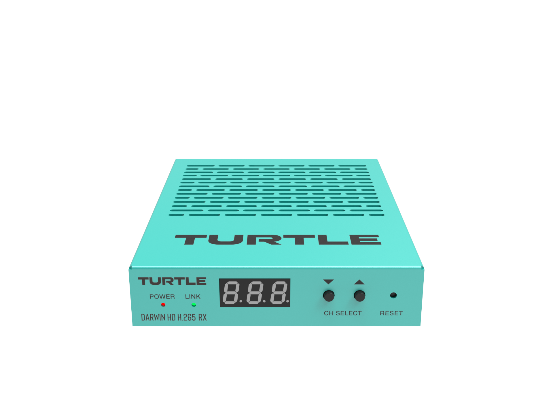 Teal elektronisch apparaat met 'Turtle'-logo op witte achtergrond