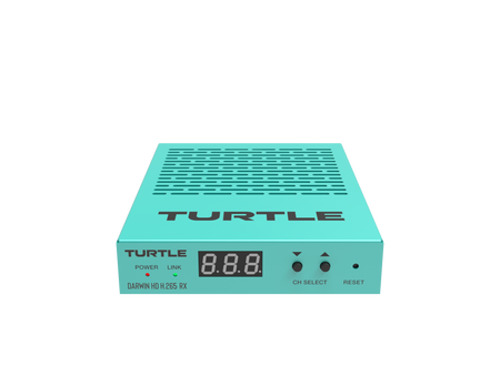 Teal elektronisch apparaat met 'Turtle'-logo op witte achtergrond