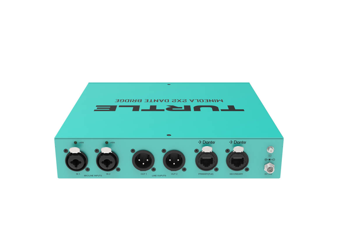 Turquoise audio-interface met meerdere poorten op een witte achtergrond