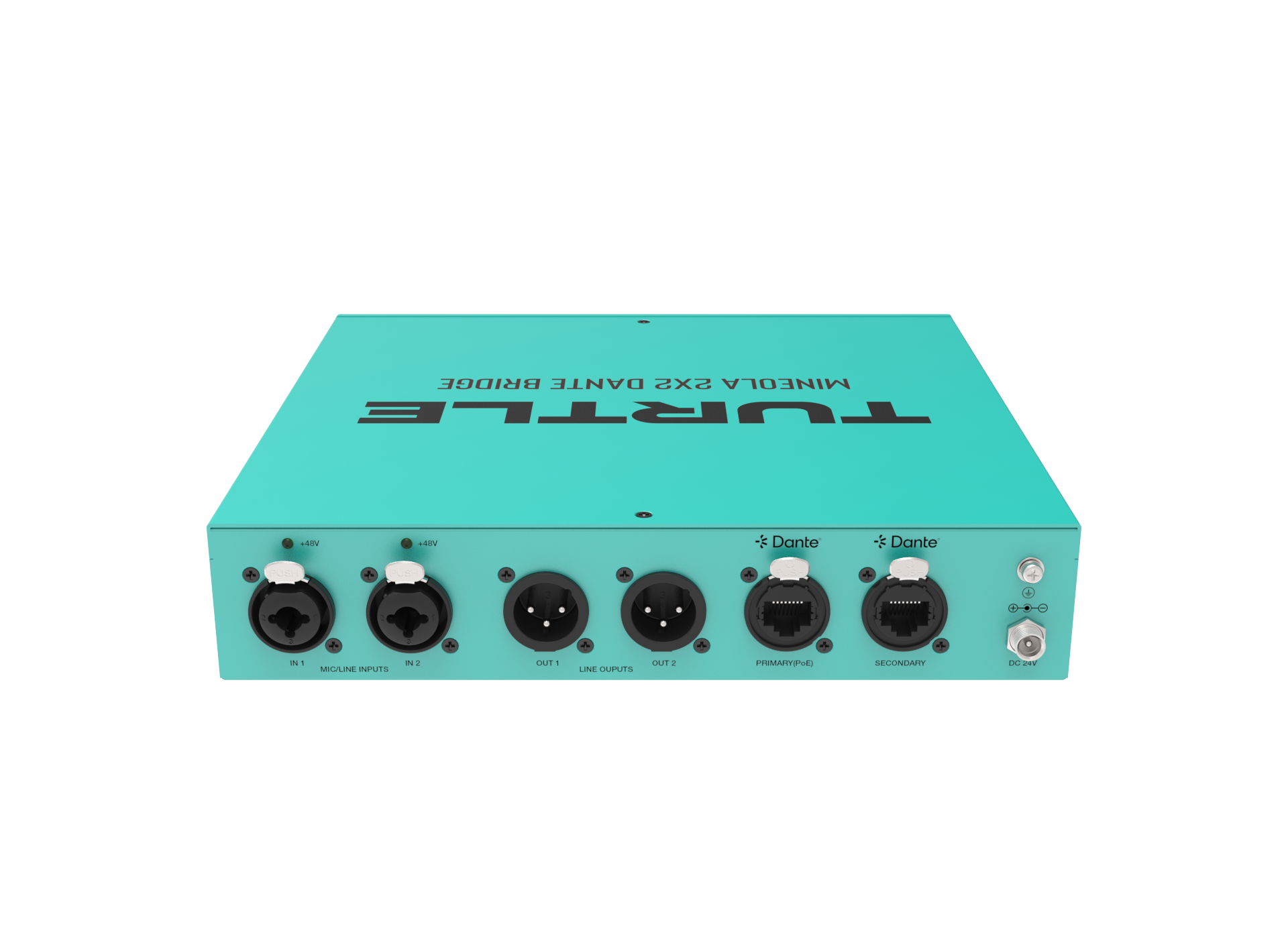 Turquoise audio-interface met meerdere poorten op een witte achtergrond