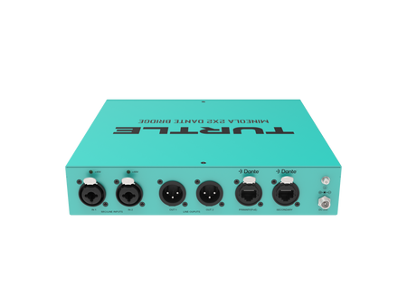 Turquoise audio-interface met meerdere poorten op een witte achtergrond