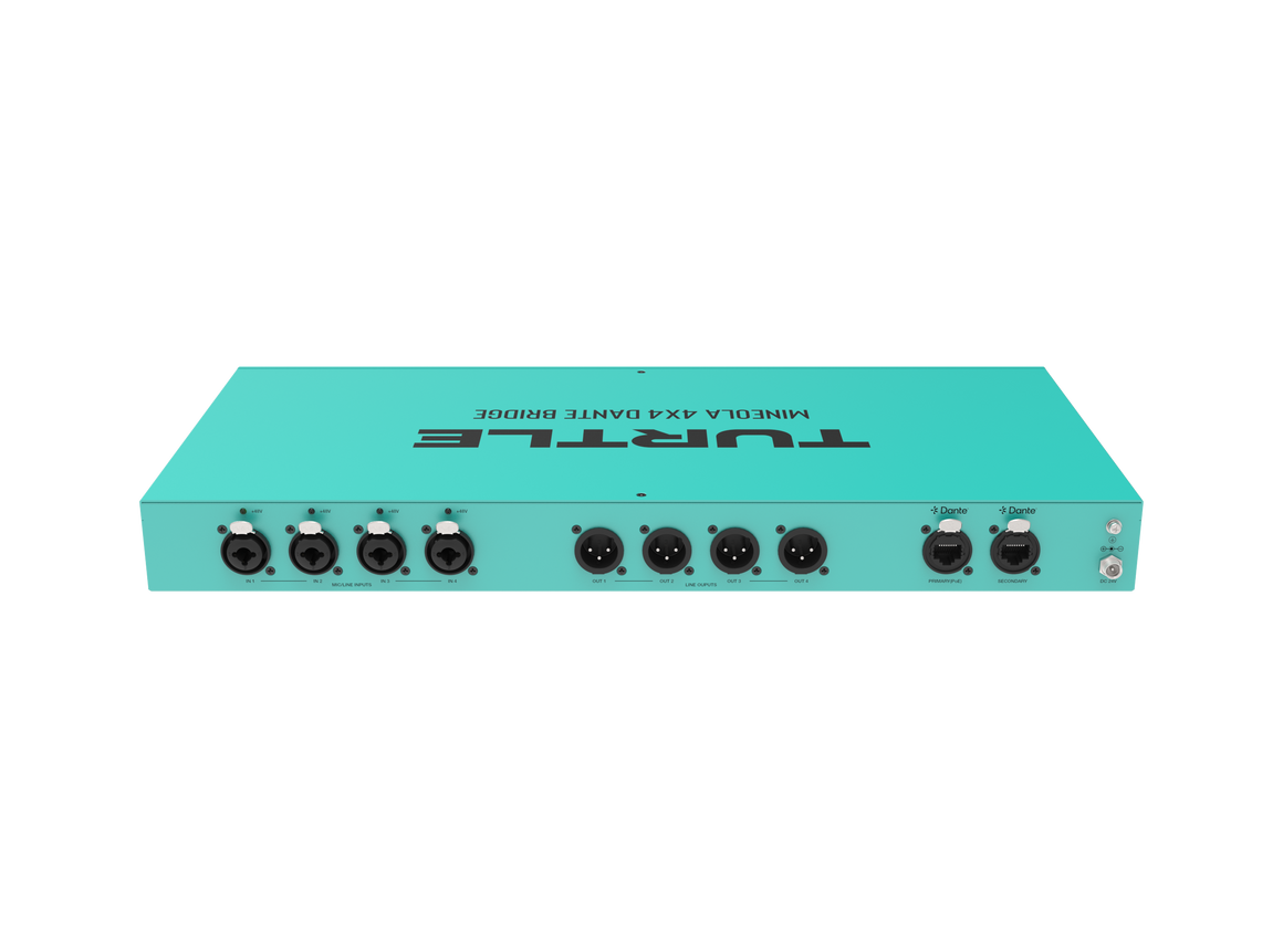 Turquoise gitaareffectpedaal met 'Turtle'-logo op een witte achtergrond