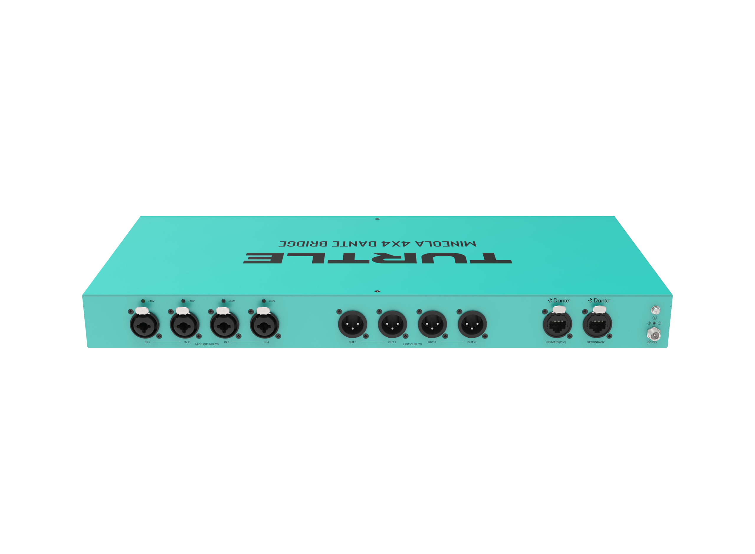 Turquoise gitaareffectpedaal met 'Turtle'-logo op een witte achtergrond