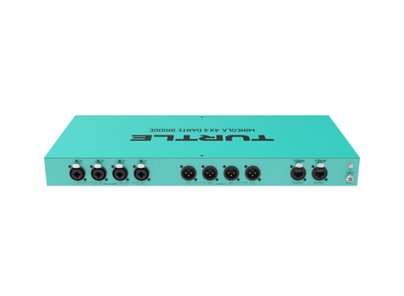 Turquoise gitaareffectpedaal met 'Turtle'-logo op een witte achtergrond