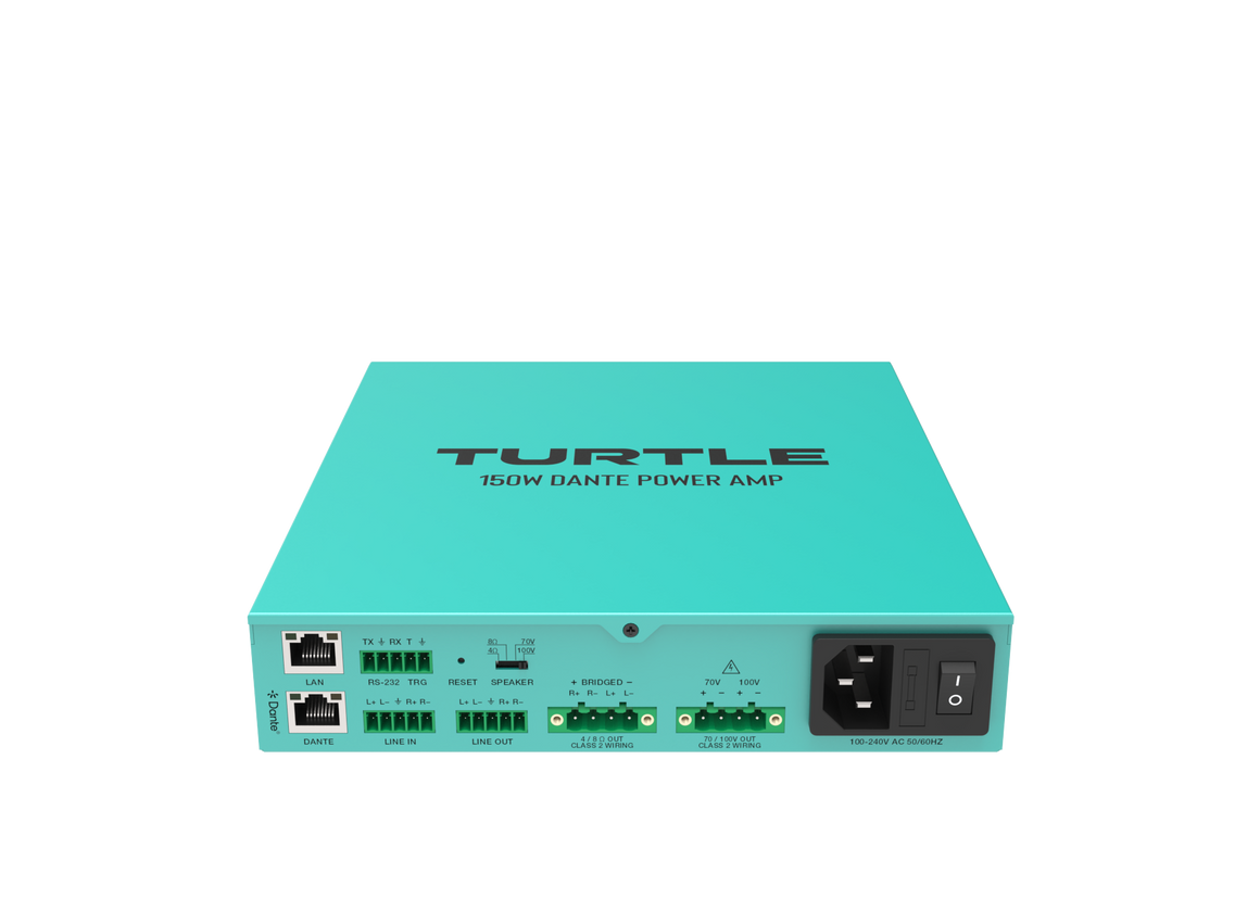 Turquoise eindversterker met 'Turtle'-logo op een witte achtergrond