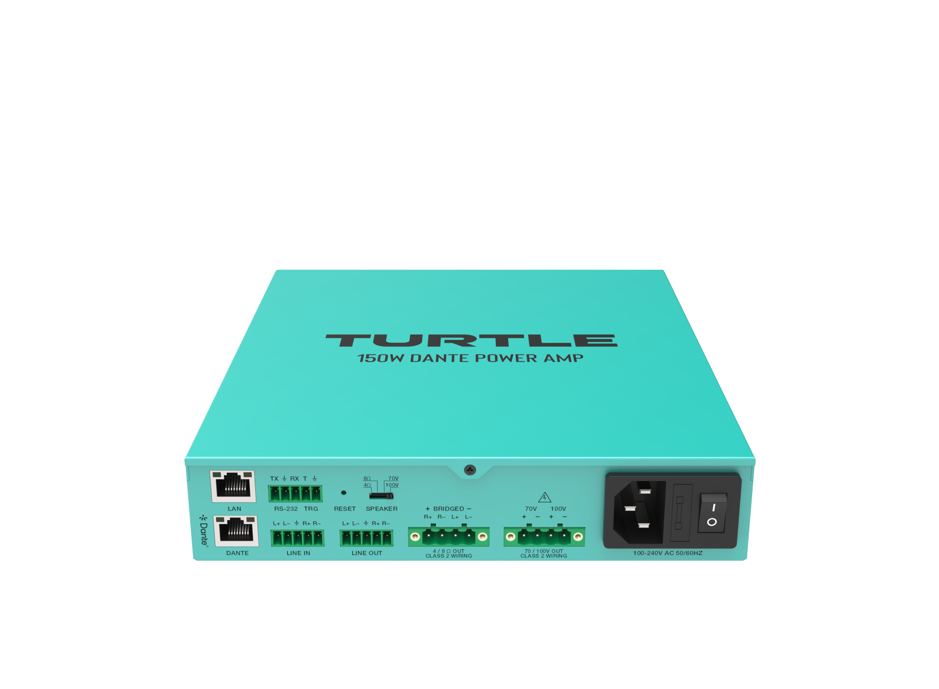 Turquoise eindversterker met 'Turtle'-logo op een witte achtergrond