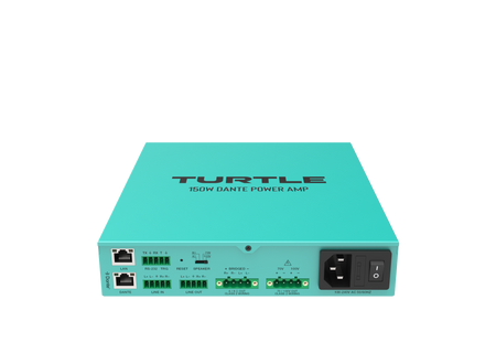 Turquoise eindversterker met 'Turtle'-logo op een witte achtergrond