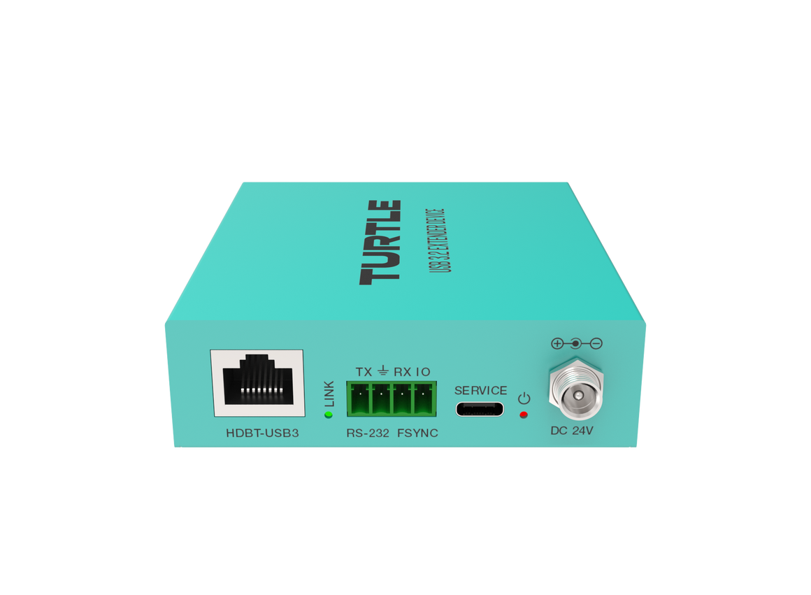 Turquoise elektronisch apparaat met het merk 'Turtle' op een witte achtergrond
