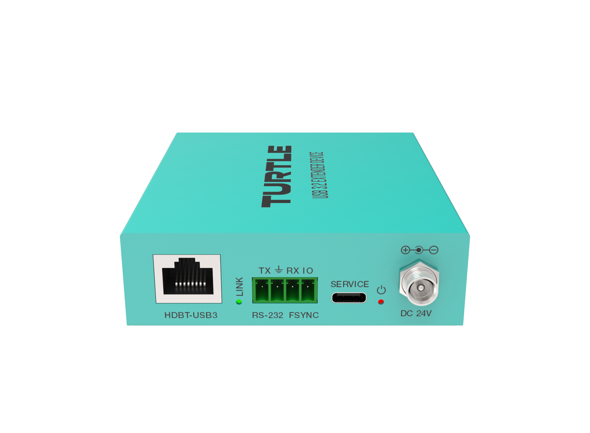 Turquoise elektronisch apparaat met het merk 'Turtle' op een witte achtergrond
