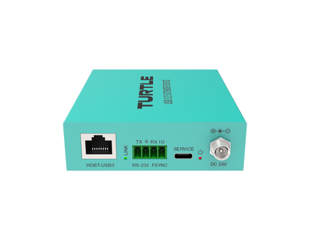 Turquoise elektronisch apparaat met het merk 'Turtle' op een witte achtergrond