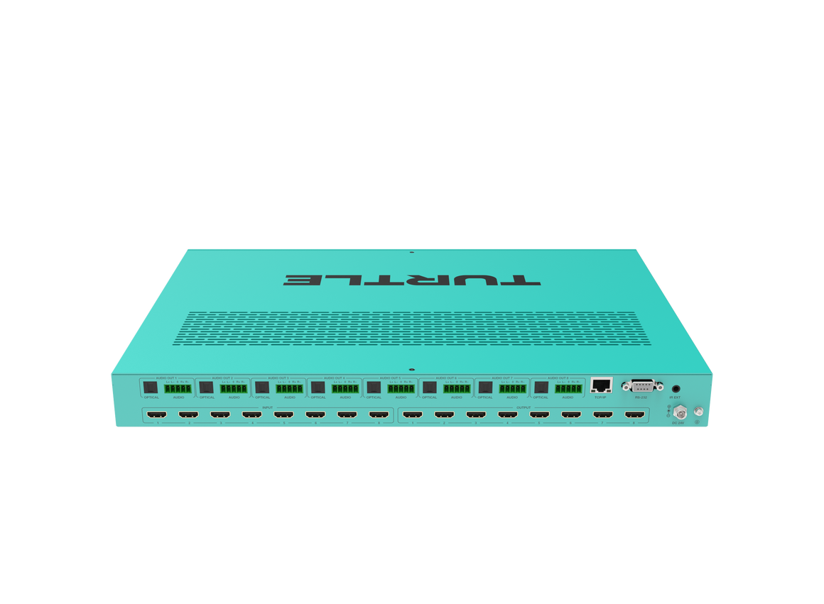 Turquoise router met 'Turbo'-logo op een witte achtergrond
