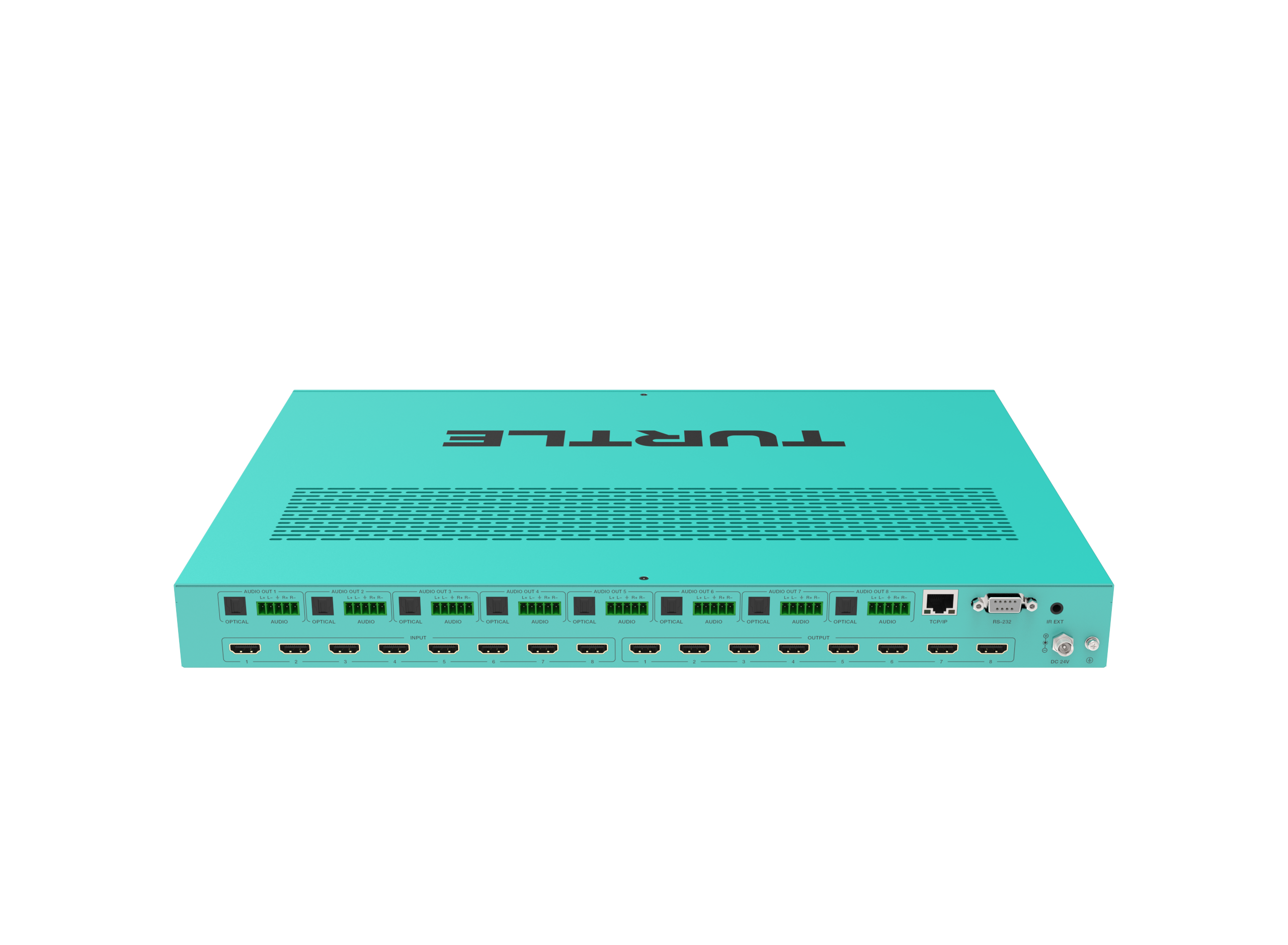Turquoise router met 'Turbo'-logo op een witte achtergrond