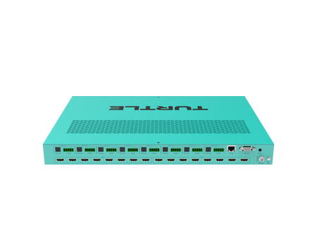 Turquoise router met 'Turbo'-logo op een witte achtergrond