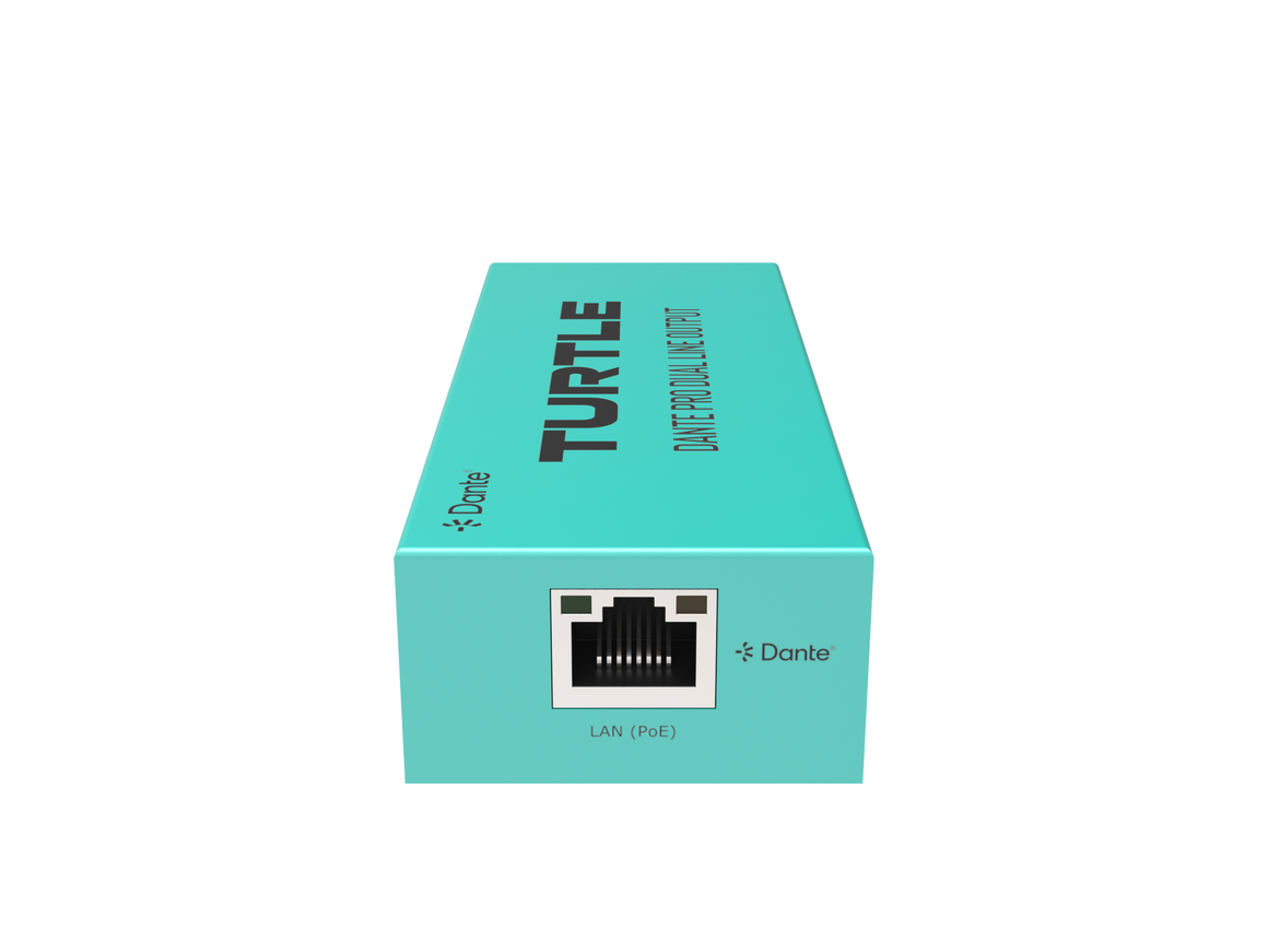 Turquoise verpakking van een netwerkapparaat met het merk 'Turtle' op een witte achtergrond