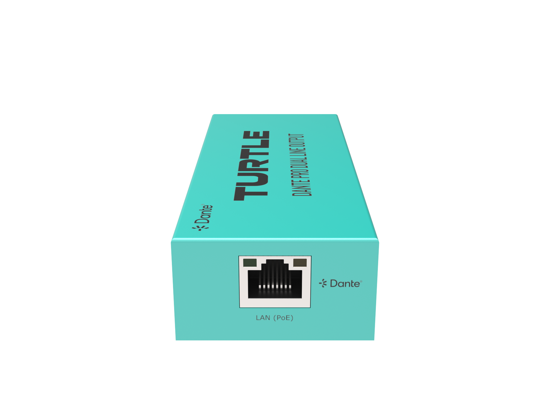 Turquoise verpakking van een netwerkapparaat met het merk 'Turtle' op een witte achtergrond