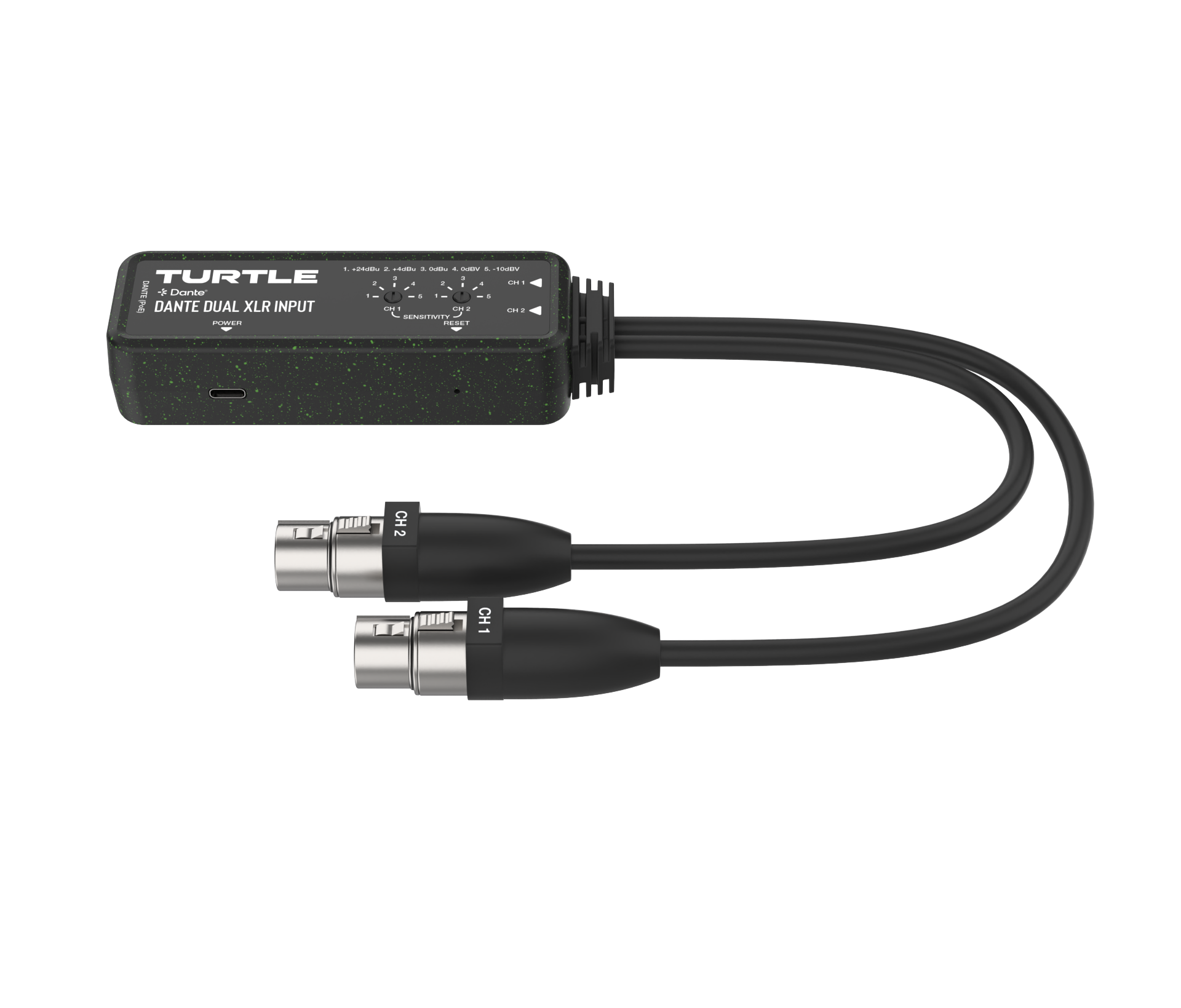 Turtle audio-adapter met dubbele XLR-kabels op een witte achtergrond