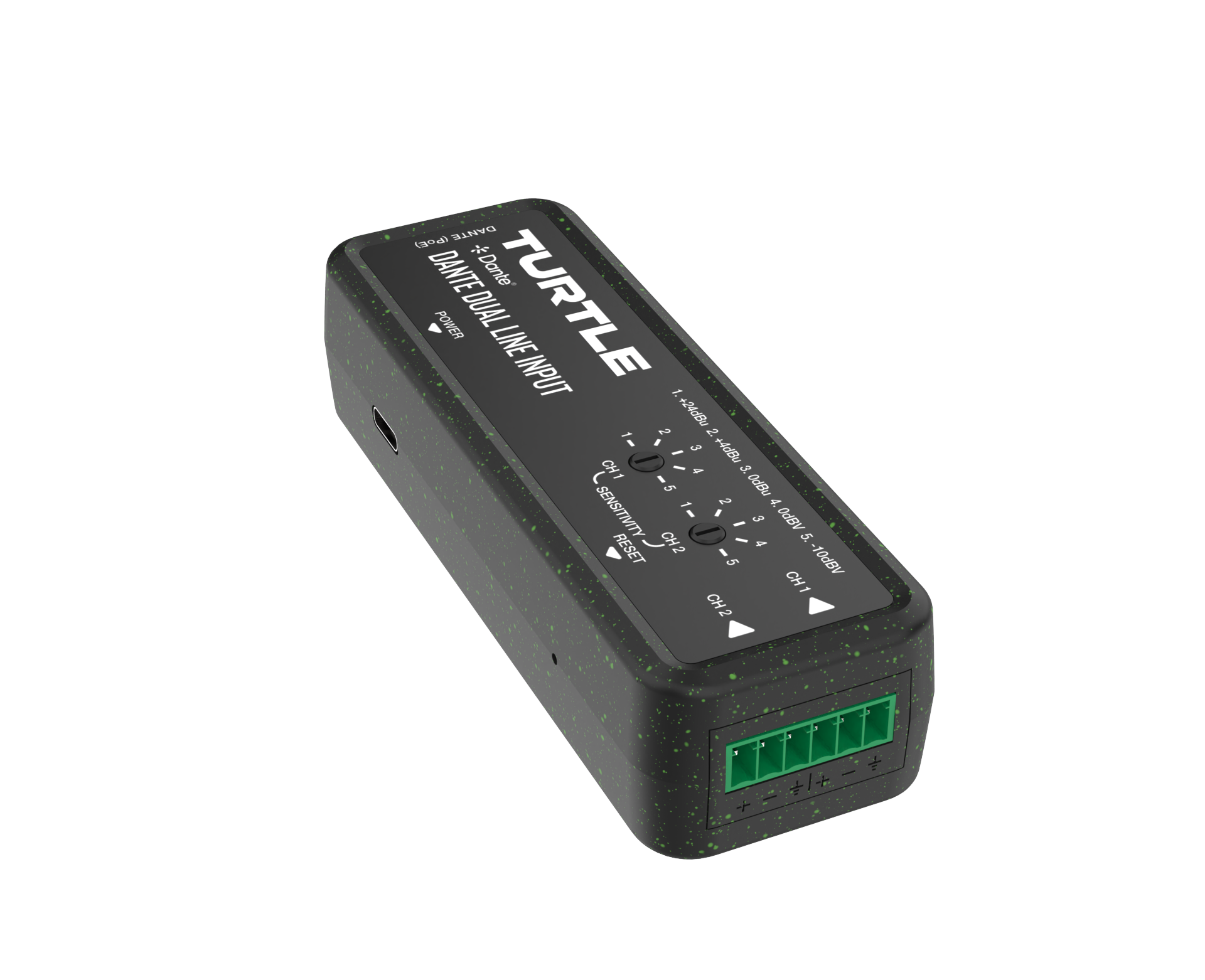 Zwart elektronisch apparaat met het merk 'Turtle' op een witte achtergrond