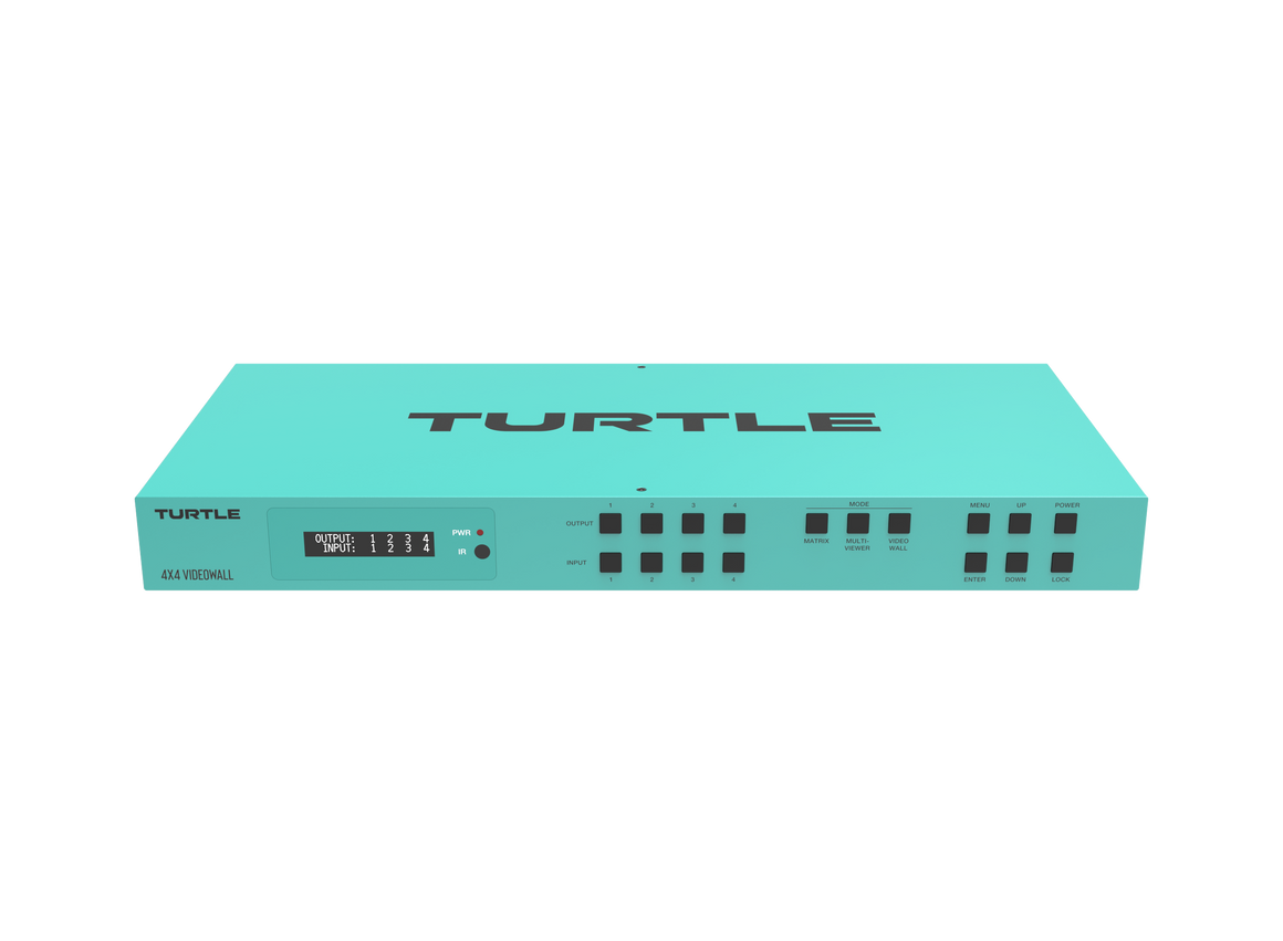 Teal elektronisch apparaat met 'Turtle'-logo op witte achtergrond