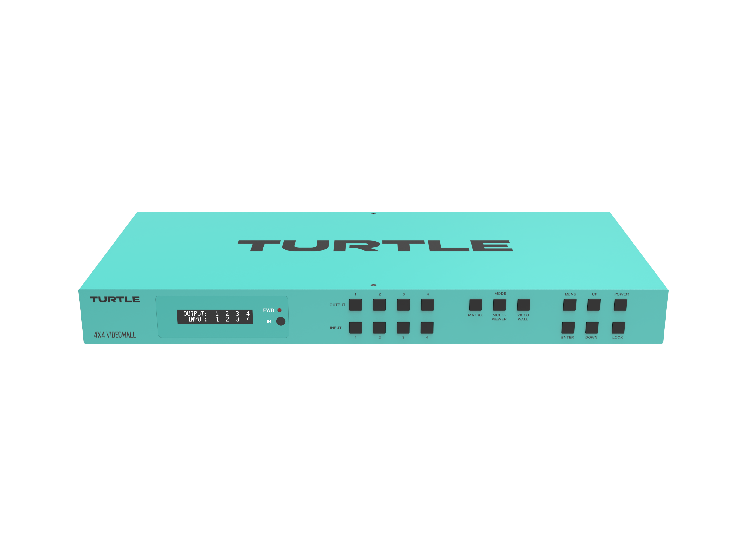 Teal elektronisch apparaat met 'Turtle'-logo op witte achtergrond