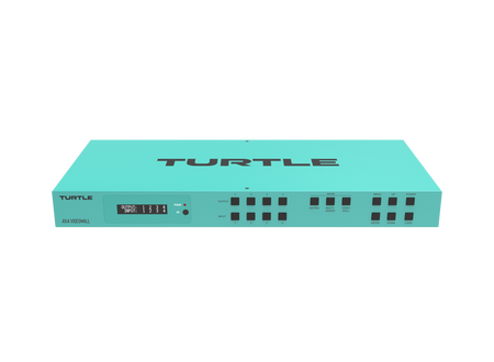 Teal elektronisch apparaat met 'Turtle'-logo op witte achtergrond
