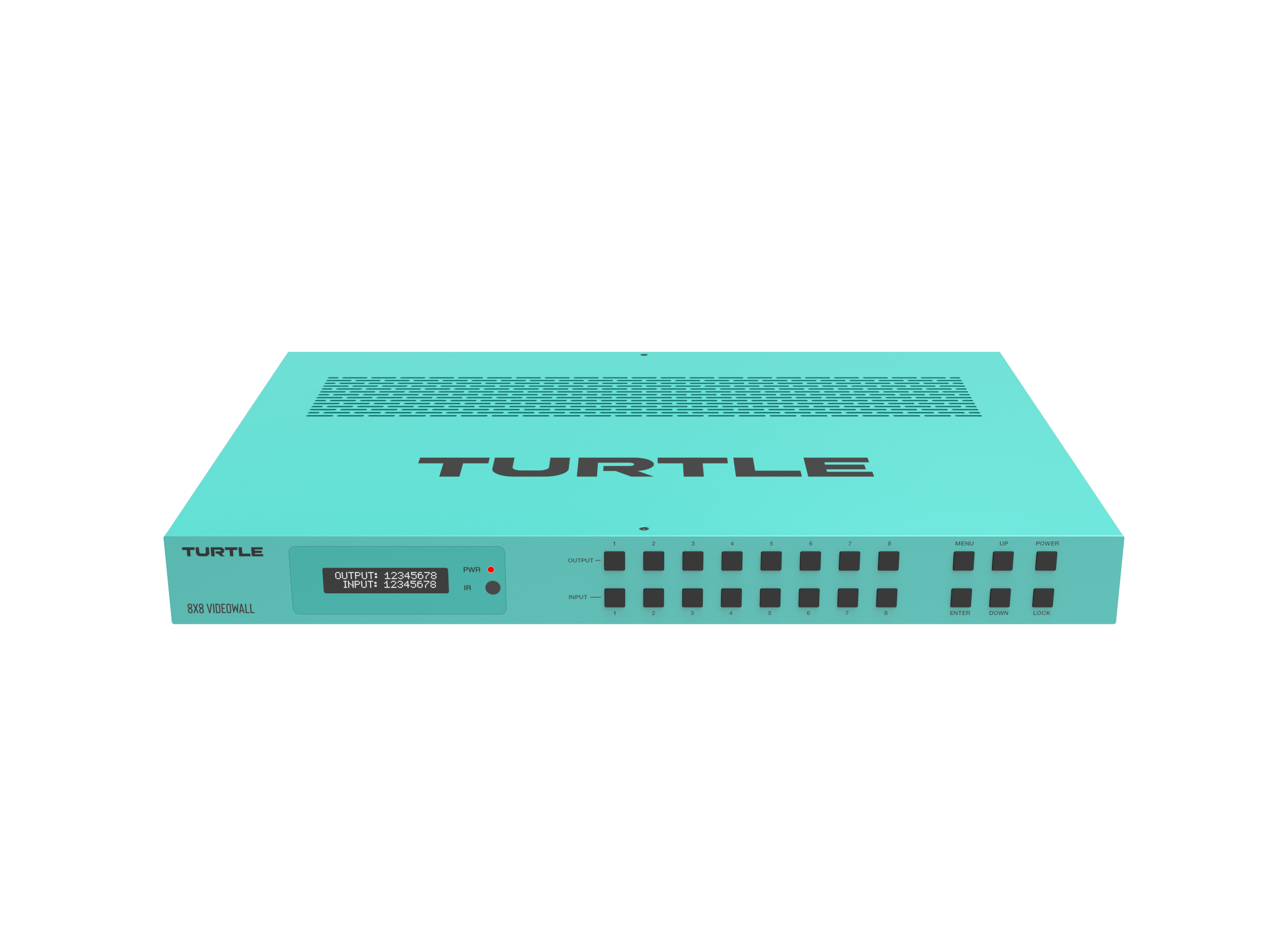 Turquoise router met 'Turtle'-logo op een witte achtergrond