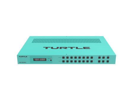 Turquoise router met 'Turtle'-logo op een witte achtergrond