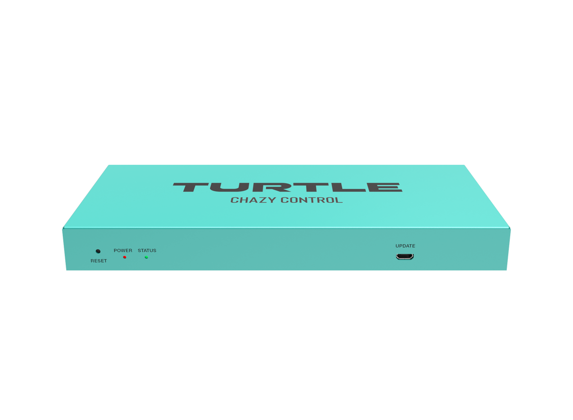 Turquoise elektronisch apparaat met het merk 'Turtle Chazy Control' op een witte achtergrond