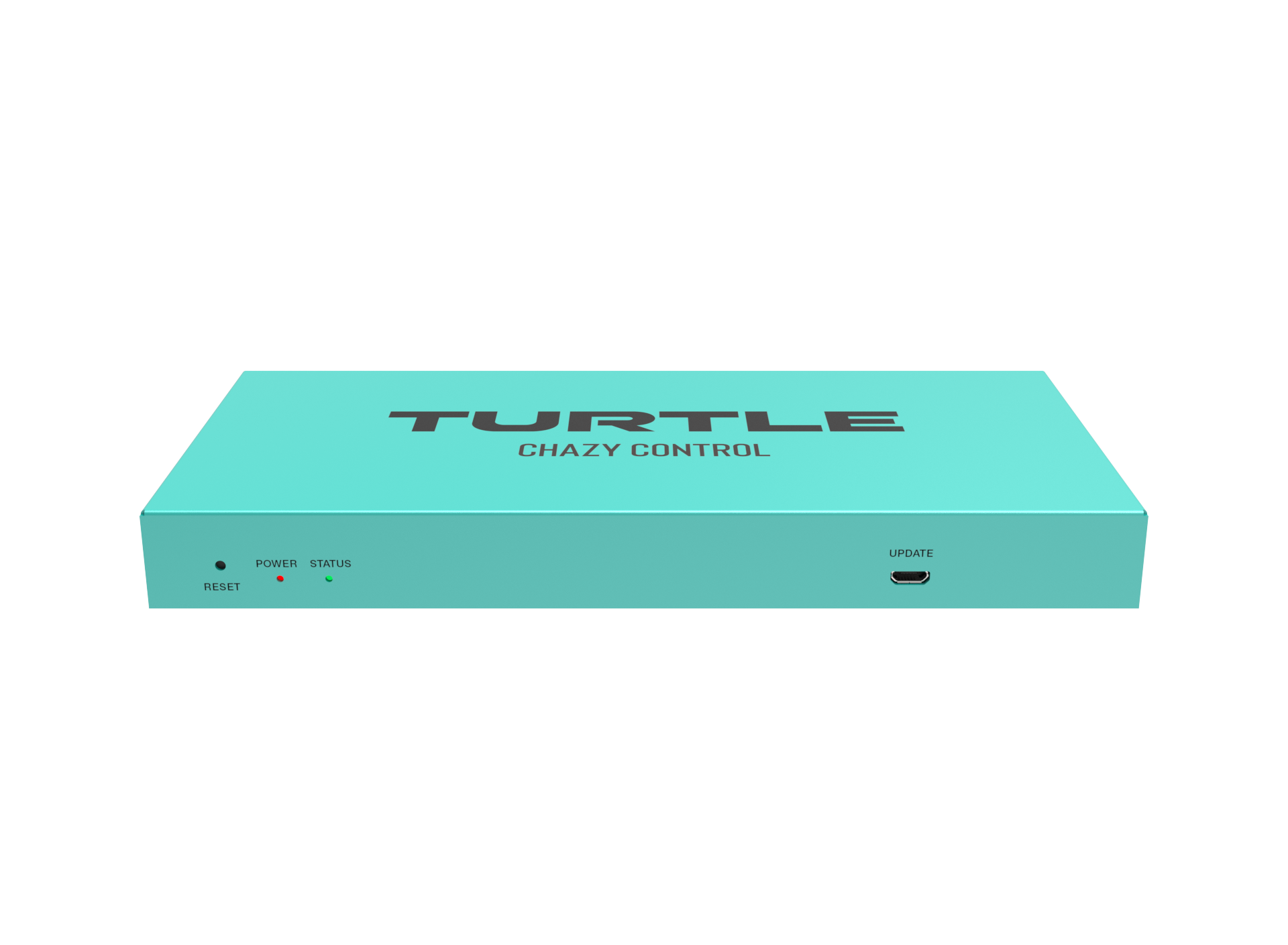 Turquoise elektronisch apparaat met het merk 'Turtle Chazy Control' op een witte achtergrond
