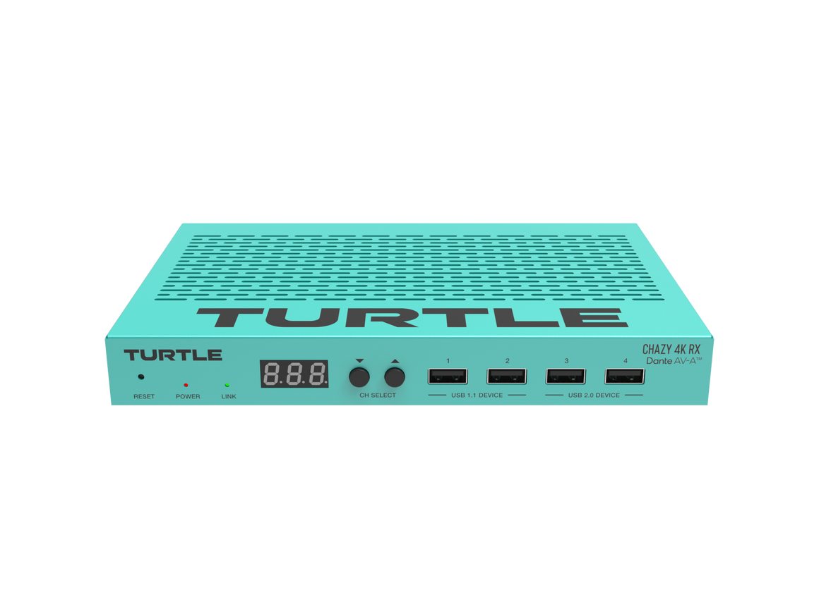 Teal elektronisch apparaat met 'Turtle'-logo op witte achtergrond