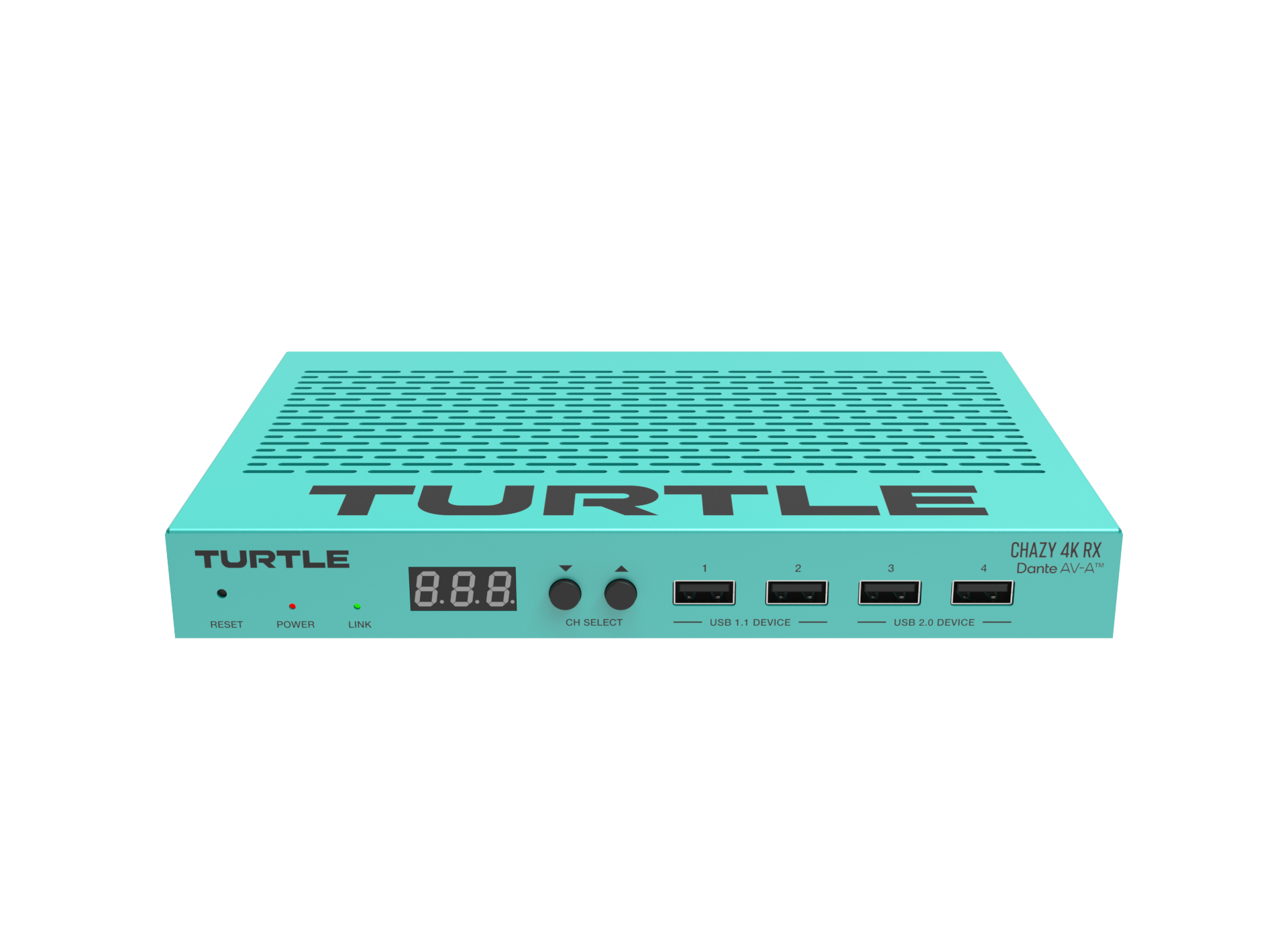 Teal elektronisch apparaat met 'Turtle'-logo op witte achtergrond