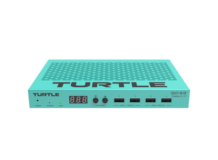Teal elektronisch apparaat met 'Turtle'-logo op witte achtergrond