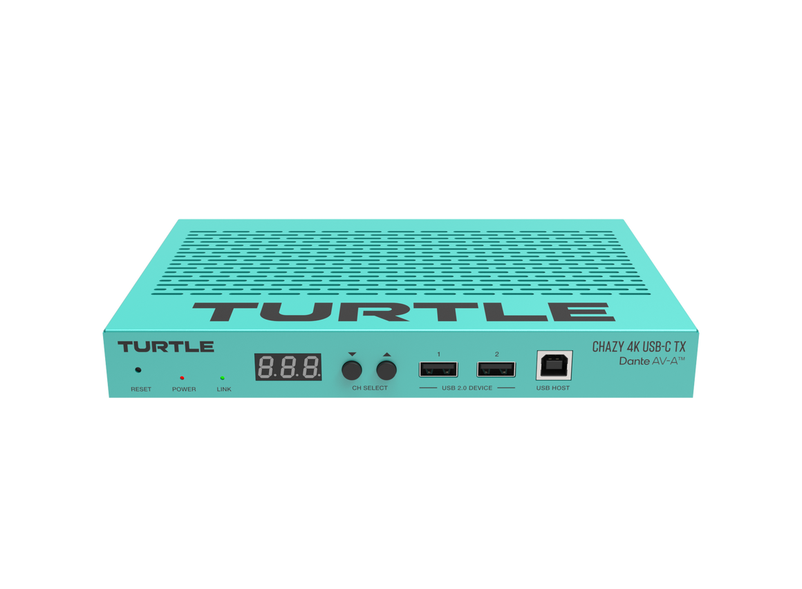 Turquoise elektronisch apparaat met het merk 'Turtle' op een witte achtergrond