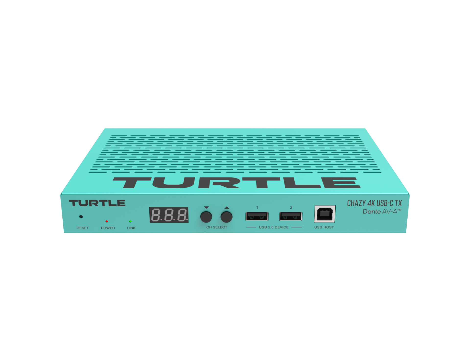 Turquoise elektronisch apparaat met het merk 'Turtle' op een witte achtergrond
