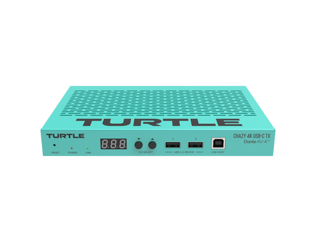 Turquoise elektronisch apparaat met het merk 'Turtle' op een witte achtergrond