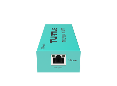 Turquoise verpakking van een netwerkapparaat met het merk 'Turtle' op een witte achtergrond