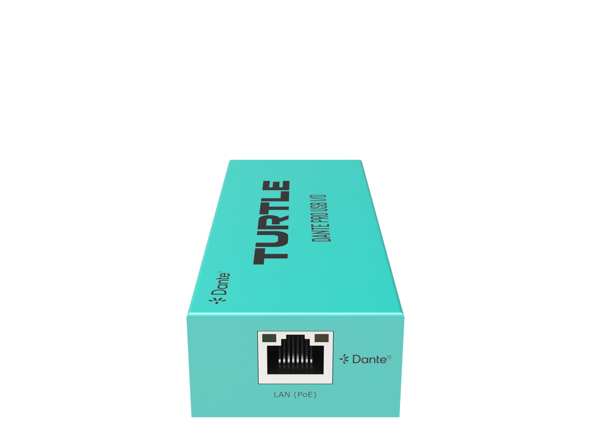 Turquoise doos met 'Turtle'-logo en Dante-logo op een witte achtergrond