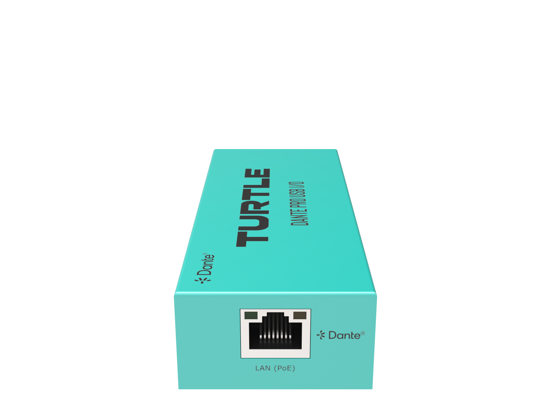 Turquoise doos met 'Turtle'-logo en Dante-logo op een witte achtergrond