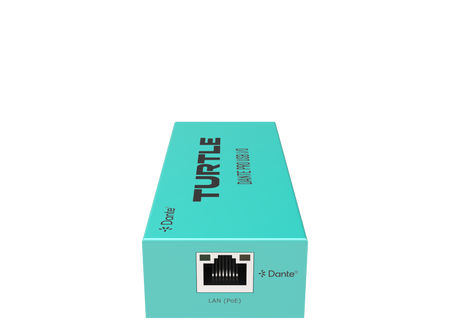 Turquoise doos met 'Turtle'-logo en Dante-logo op een witte achtergrond