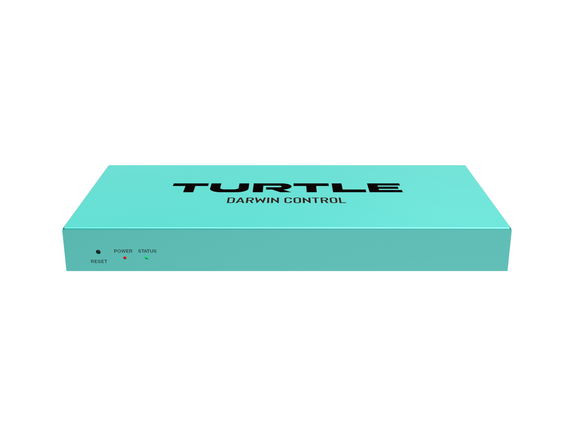 Turquoise doos met 'Turtle Darwin Control' tekst op een witte achtergrond