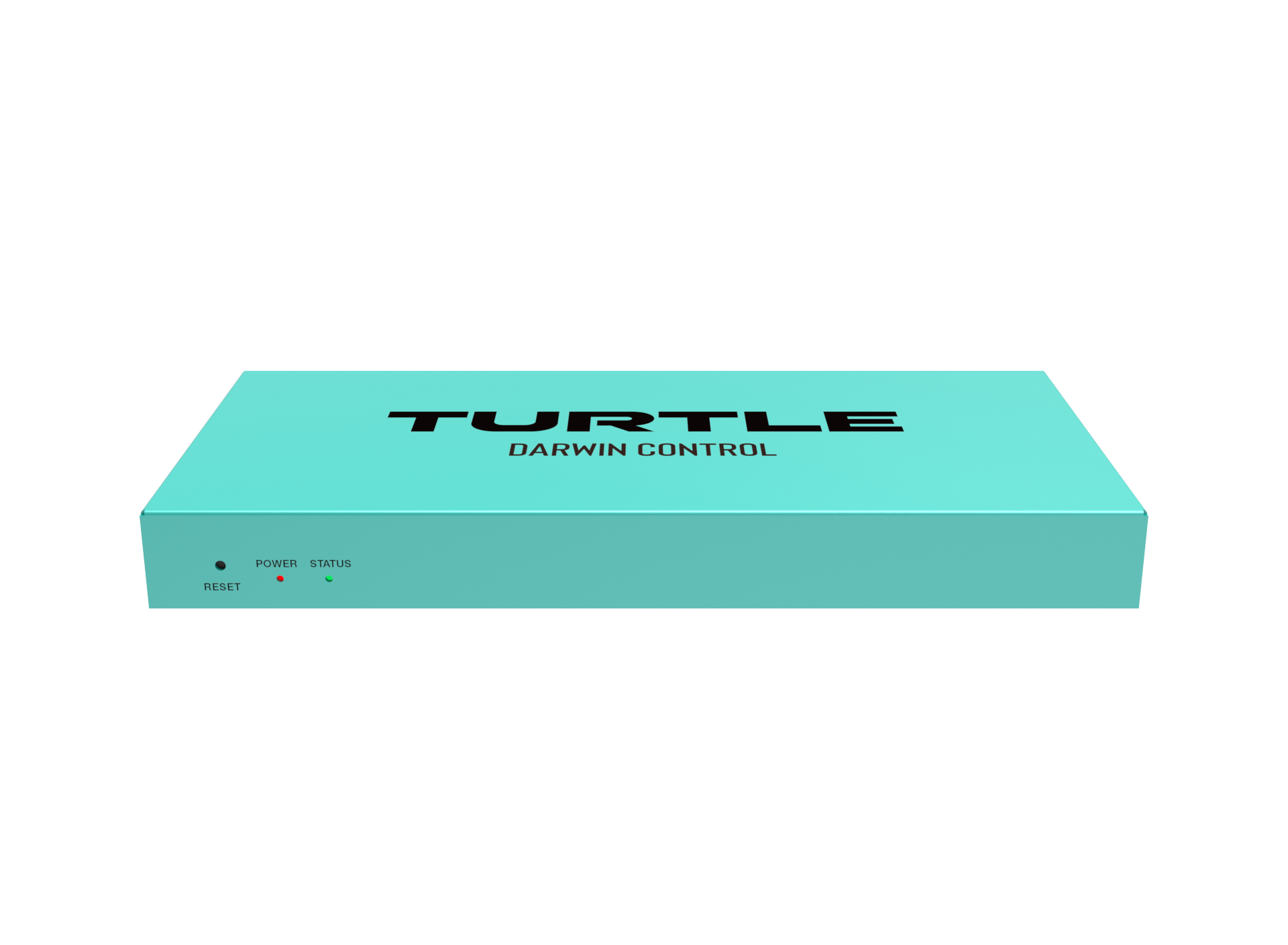 Turquoise doos met 'Turtle Darwin Control' tekst op een witte achtergrond