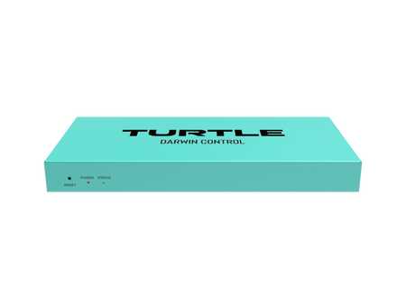Turquoise doos met 'Turtle Darwin Control' tekst op een witte achtergrond