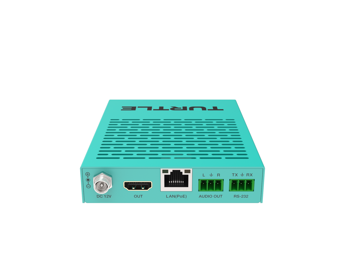 Turquoise elektronisch apparaat met verschillende poorten op een witte achtergrond