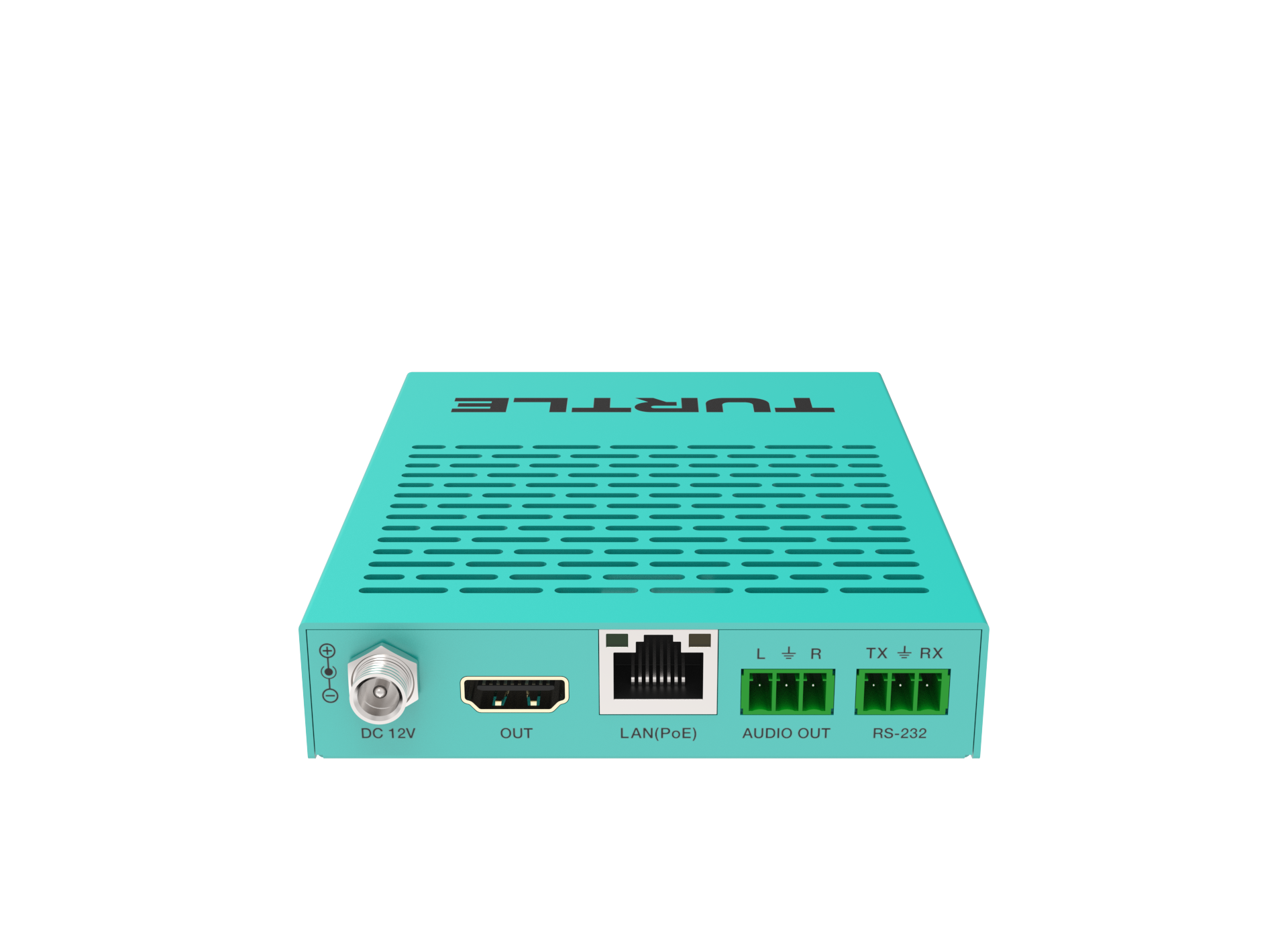 Turquoise elektronisch apparaat met verschillende poorten op een witte achtergrond