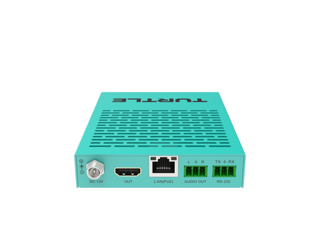 Turquoise elektronisch apparaat met verschillende poorten op een witte achtergrond