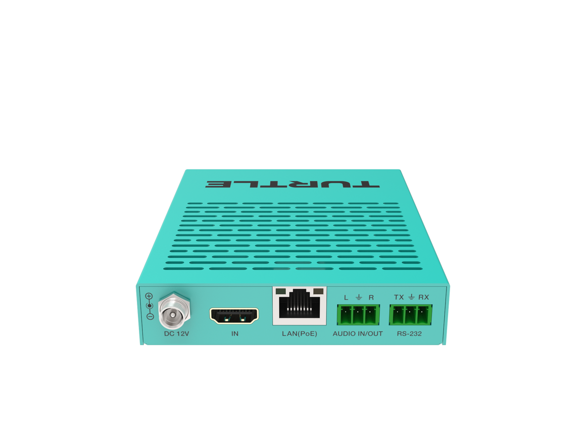 Turquoise elektronisch apparaat met 'Turret'-logo op witte achtergrond