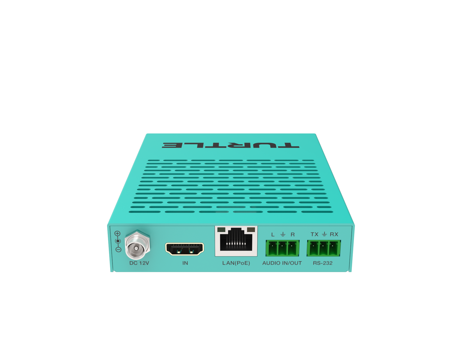 Turquoise elektronisch apparaat met 'Turret'-logo op witte achtergrond