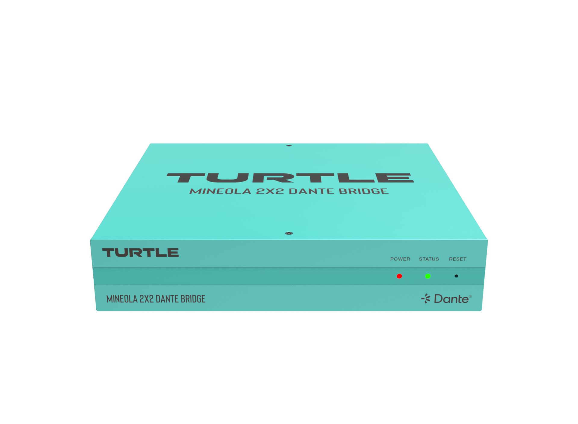 Turquoise doos met 'Turtle'-logo op een witte achtergrond