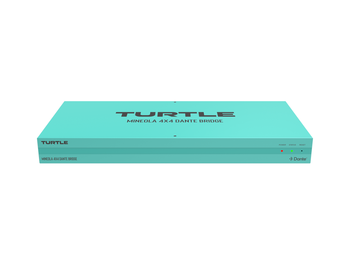 Turquoise elektronisch apparaat met het merk 'Turtle' op een witte achtergrond