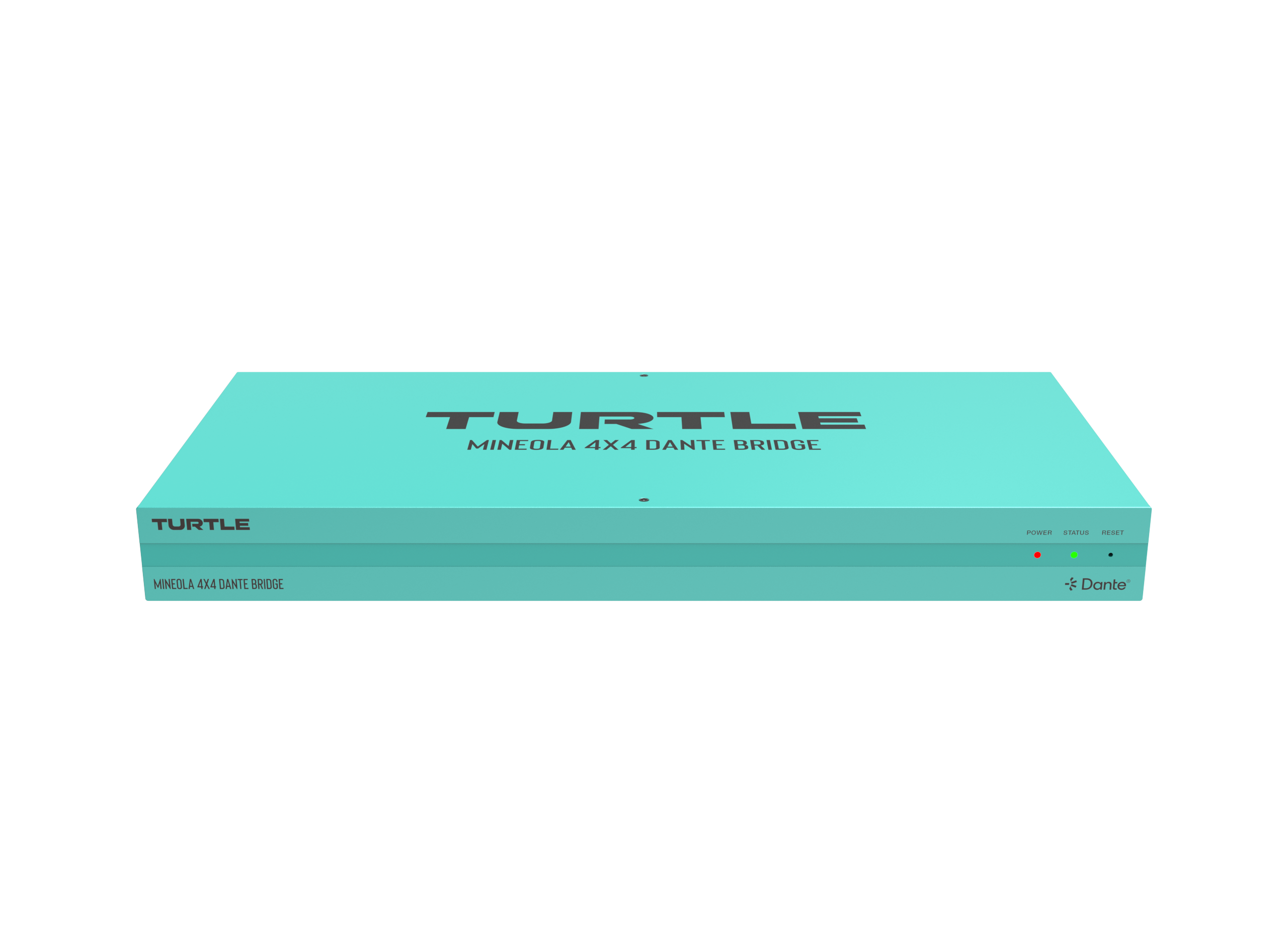 Turquoise elektronisch apparaat met het merk 'Turtle' op een witte achtergrond
